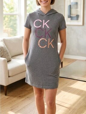 Calvin Klein Performance Gray Hooded Sweatshirt Dress CK Logo Girl XL/16 Pockets